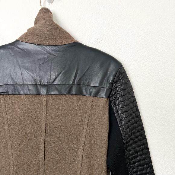 [Lucy Paris] Olive Green Black Mixed Media Wool Faux Leather Jacket Size Small S - Picture 8 of 11